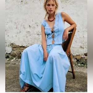 Free People Gesibelle Blue eyelet tie Top and Skirt Set Sz Small S New
